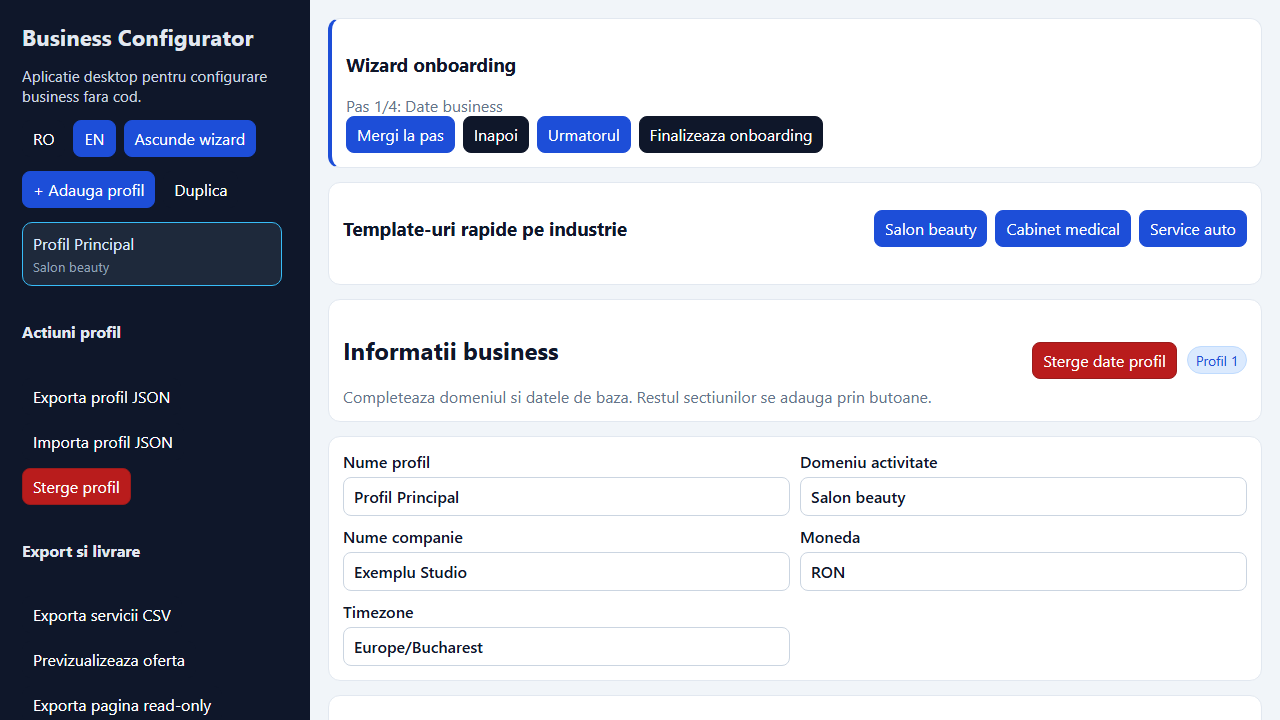 Captură ecran Business Configurator