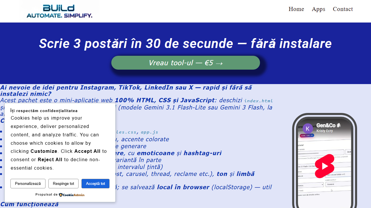 Captură ecran Generator Conținut Social cu Gemini