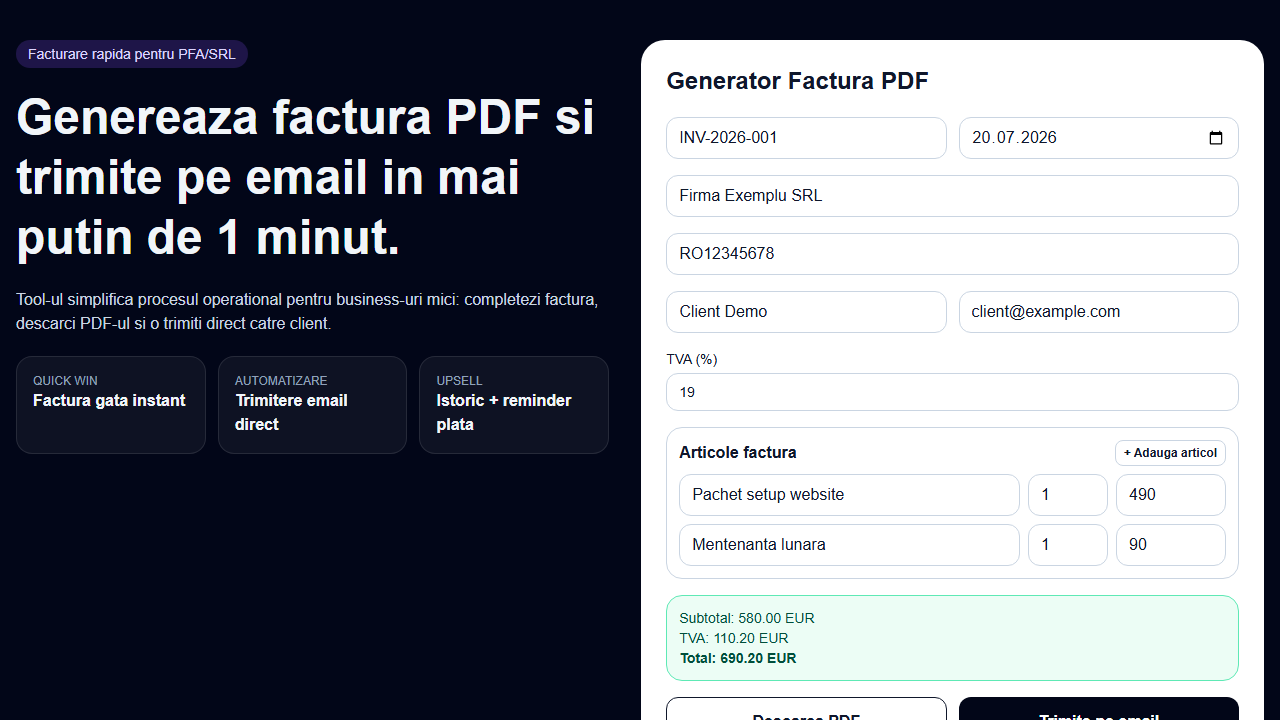 Captură ecran Generator Factură PDF + Email