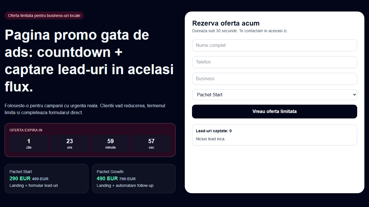 Captură ecran Pagina promo gata de ads: countdown + captare lead-uri in acelasi flux.