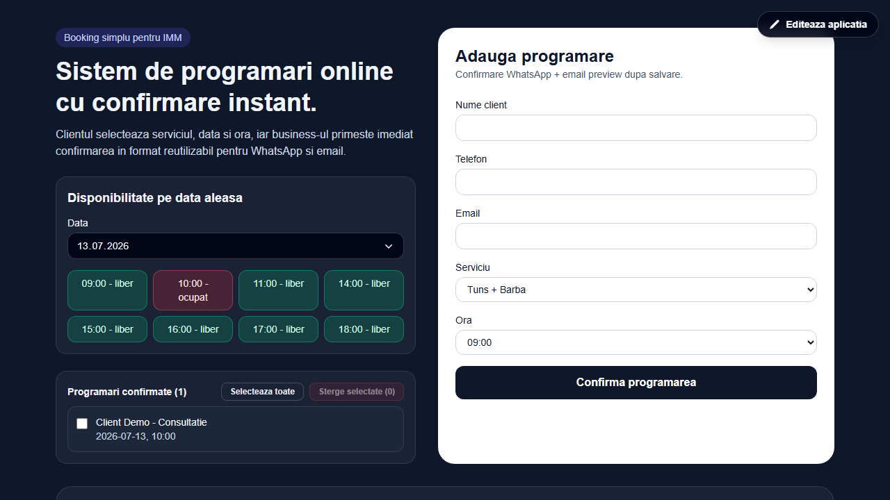 Captură ecran Programări Online Lite