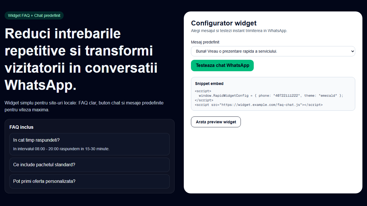 Captură ecran Widget FAQ și chat predefinit
